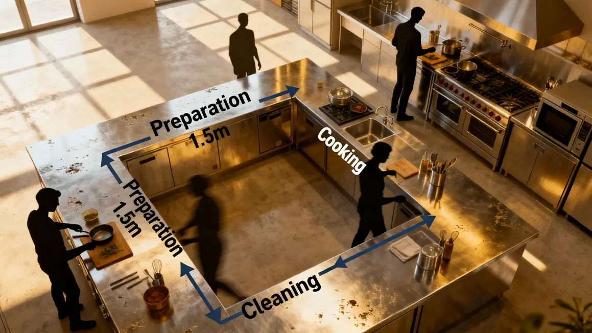 Schéma triangle travail cuisine préparation cuisson lavage