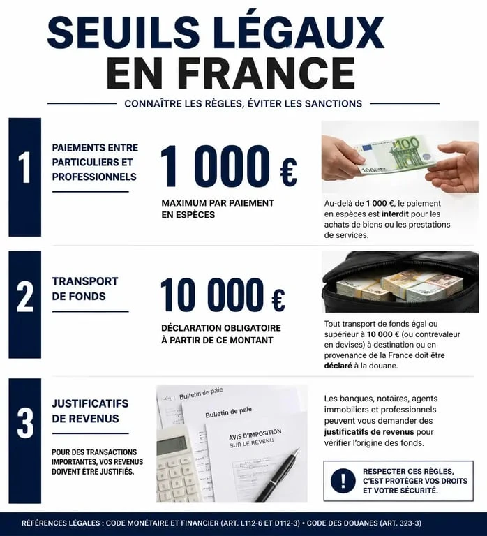 Infographie des seuils légaux pour la détention et le paiement en argent liquide chez soi