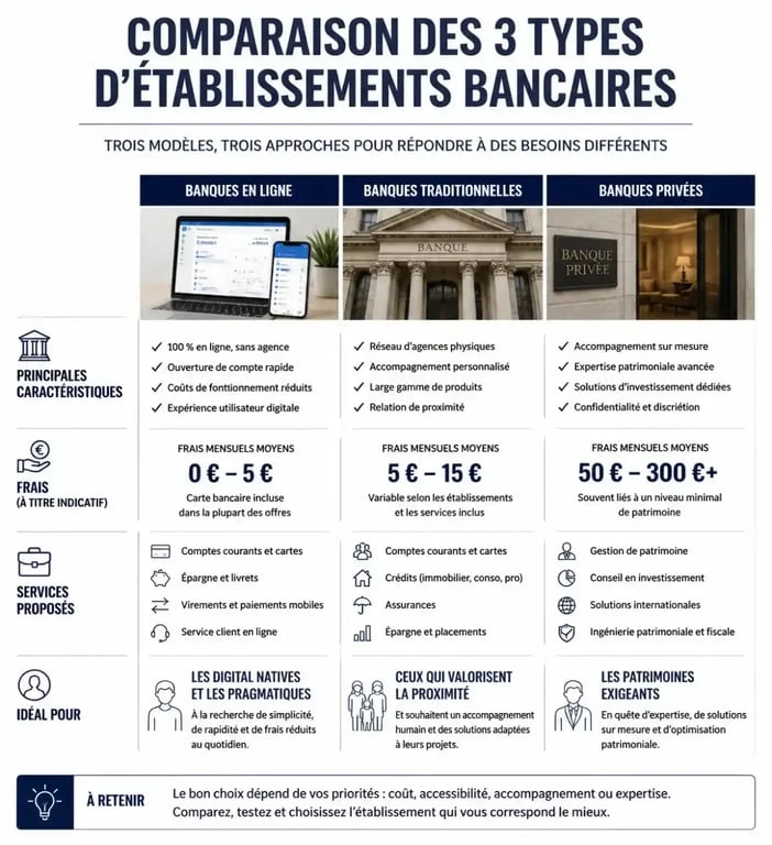 Comparatif des types de banques pour placer son argent : banques en ligne, traditionnelles et privées.