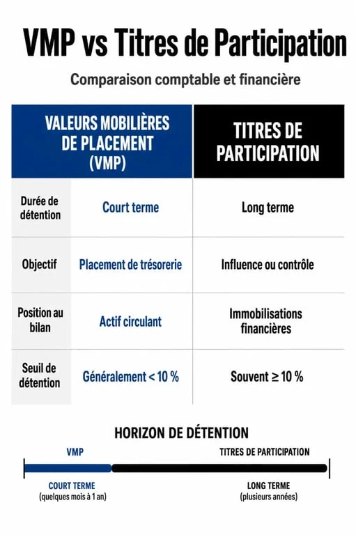 Infographie comparative : Valeurs Mobilières de Placement (VMP) vs Titres de Participation