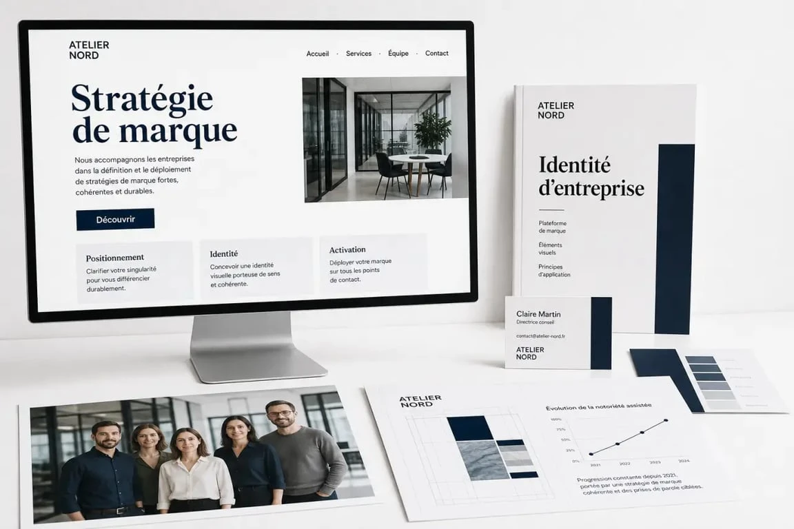 Entreprise image : identité visuelle cohérente sur site web, brochure et réseaux sociaux