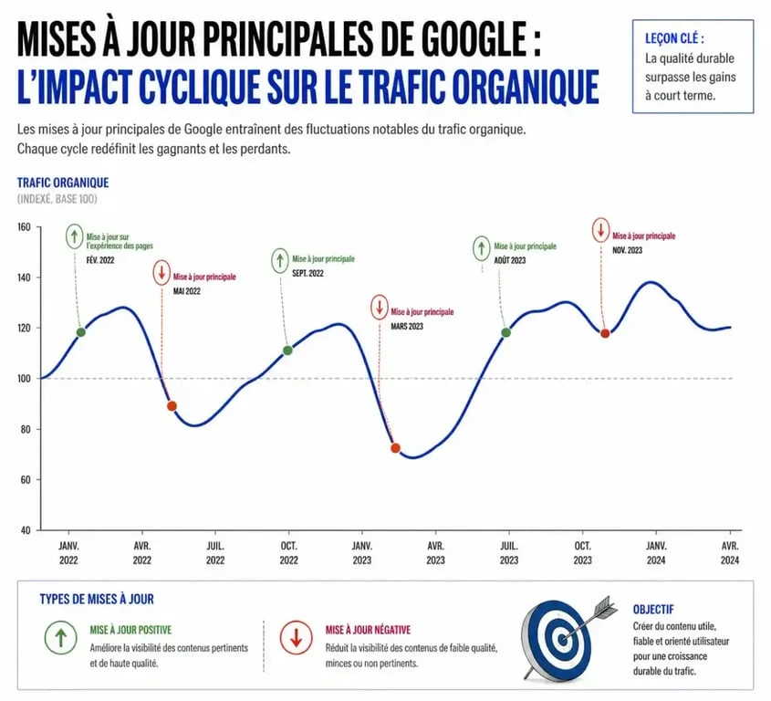 Schéma illustrant l'impact des mises à jour d'algorithme Google sur le trafic organique