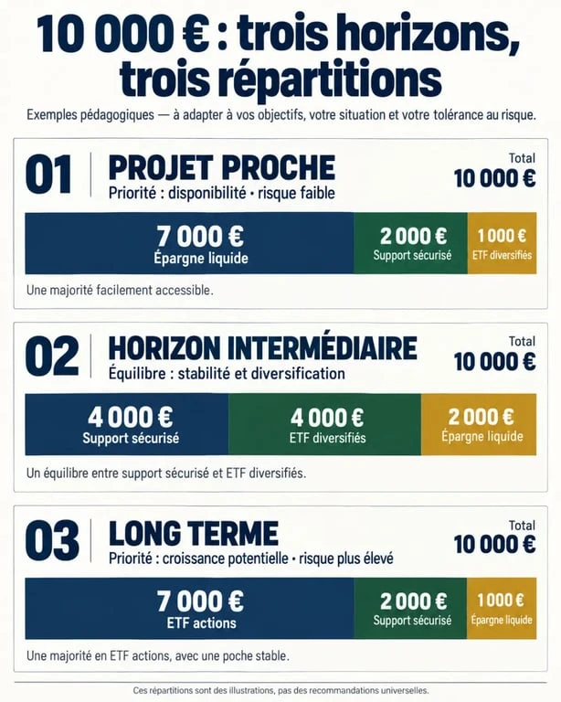 Comment investir 10000 euros : infographie des répartitions prudente, équilibrée et dynamique