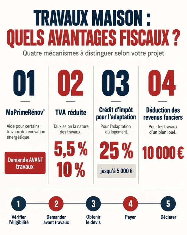 Infographie travaux maison impots : comparaison de MaPrimeRénov’, TVA réduite, crédit d’impôt et déduction